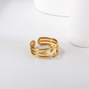 Anillo de Acero Inoxidable Chapado en Oro de 18K, Joyería Impermeable al por Mayor, Anillos Abiertos con Diseño de Estrellas y Luna para Mujer - Product Image 4