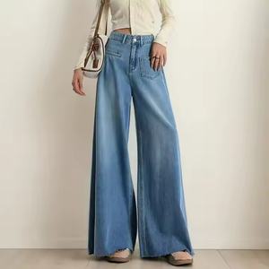 Jeans en coton personnalisés OEM à taille basse pour femme, style streetwear ample, denim rétro délavé, coupe baggy évasée pour filles - Product Image 1