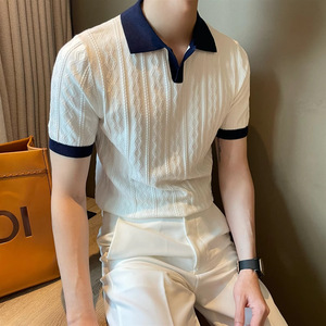 เสื้อโปโลผู้ชายผ้าฝ้ายคอวีทรงเข้ารูป แขนสั้น ทอลายแจ็คการ์ด ยืดหยุ่น ระบายอากาศได้ดี ดีไซน์ทันสมัย - Product Image 5