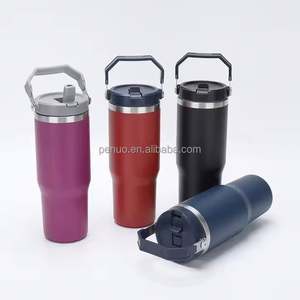 Termo portátil de 20oz y 30oz para coche, de acero inoxidable 304, con aislamiento al vacío, pajita abatible y asa superior. - Product Image 2