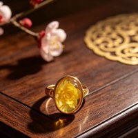 S925 Silber Bernstein Ring Handgeschnitzte Blume Retro China-Chic Ethnischer Stil Natürlicher Bernstein Offen Verstellbar