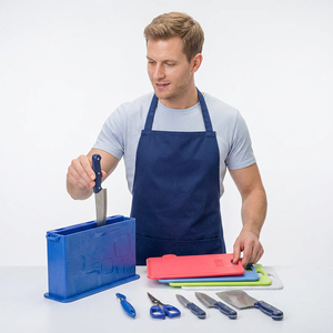 Ensemble de 10 couteaux en acier inoxydable avec manches en plastique et bloc de rangement bleu, compatible lave-vaisselle, collection de couverts de cuisine - Product Image 1