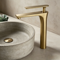 Robinet de lavabo sur pied doré - Robinet de salle de bain monocommande en laiton massif, design moderne à arc élevé pour lavabo sur comptoir, style contemporain