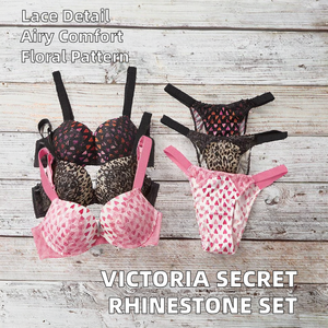 Conjunto de lencería sexy de alta calidad Victoria's Secret para mujer: sujetador con tirantes de diamantes de imitación, tanga y decoración de encaje de talle bajo. - Product Image 3