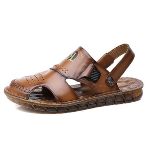 Men's Summer Leather <b>Closed</b>-<b>Toe</b> <b>Sandals</b> Flat Rubber Sole Casual Outdoor Beach Shoes Khaki Brown Slip-On - Product Image 5