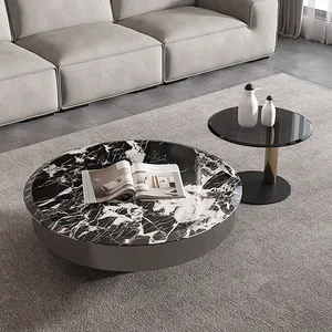 Articoli a basso prezzo mobili moderni di lusso per la casa alto lucido piano in vetro con base in metallo nero rotondo in marmo tavolino da caffè