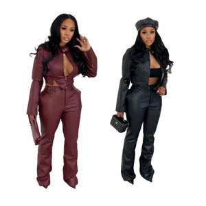 ชุดเซ็ต 2 ชิ้น กางเกงขา<span class=keywords><strong>ย</strong></span>าวทรงวินเทจ ผ้า PU <span class=keywords><strong>ย</strong></span>ืดหยุ่น แฟชั่นลำลอง สำหรับผู้หญิง - Product Image 1