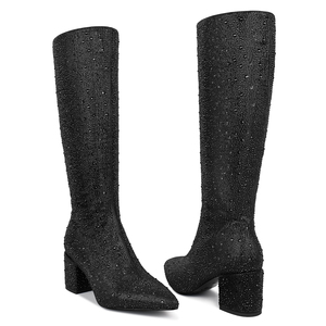 Wetkiss Oem Puntige Neus Dikke Hak Laarzen Vrouwen Sprankelende Kristallen Laarzen Zwarte Brede Kuit Knie Hoge Laarzen Voor Feest - Product Image 6