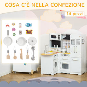 HOMCOM Cuisine jouet en bois pour enfants de 3 à 6 ans avec 14 accessoires, four et évier, 82x65x87 cm, blanc - Product Image 6