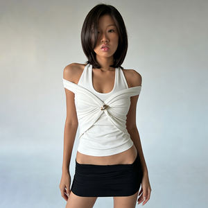 เสื้อยืดแขนสั้นผู้หญิงสไตล์ Y2K ระบายอากาศได้ดี สีพื้น ทรงปกติ ดีไซน์ผูกปมเว้าช่วงตัว เหมาะสำหรับใส่ในฤดูร้อน - Product Image 4