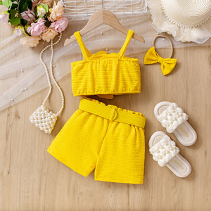 Разноцветный летний повседневный костюм для девочек с трехмерными цветами, шортами на подтяжках и головным убором — размеры 2-7 лет - Product Image 2