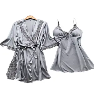 Camicia da notte di seta di simulazione delle signore di alta qualità camicia da notte domestica di grandi dimensioni pigiama di pizzo di colore solido