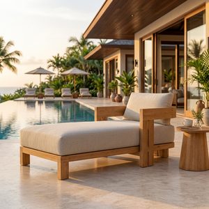 Chaise longue d'extérieur en teck massif avec coussins, chaise longue de luxe pour piscine, villa, hôtel - Product Image 2