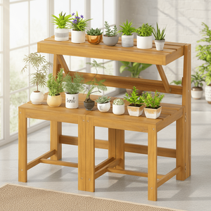 Banc de <span class=keywords><strong>jardin</strong></span> convertible 3-en-1 en bois d'acacia, table à manger avec 2 chaises intégrées, double niveau, pour patios, cours arrière et jardins - Product Image 4