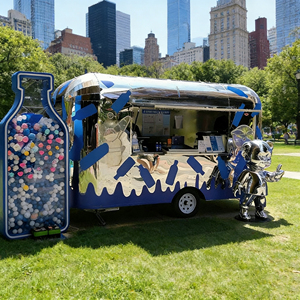Carrito de Bebidas Móvil Artístico Azul y Blanco de Acero Inoxidable con Gráficos Personalizados para Festivales Urbanos de Arte, Bebidas, Helados y Comida Rápida - Product Image 4