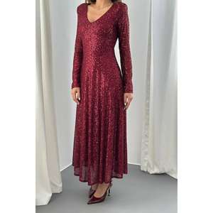 Vestido de lentejuelas burdeos sin espalda para mujer, talla XL, largo hasta el suelo, corte A, con bordado de cuentas y cintura imperio, al por mayor - Product Image 3