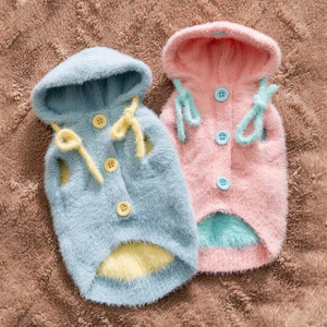 Pull à capuche pour animaux de compagnie, couleur unie bleu et rose, pour petits chiens, vêtements d'automne et d'hiver - Product Image 1