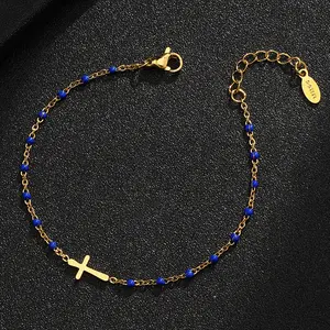 Fashion 18K Gold Plated Religious Christian Jewelry Enamel Beads Cross Charm Stainless Steel Bracelet For Women