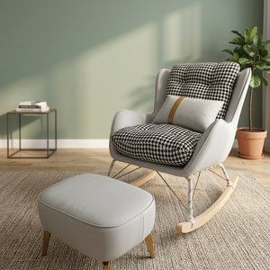 Modern Rocking Chair With Checkered Cushion White Leather Living Room Furniture Midcentury Style Ottoman Included - Product Image 2