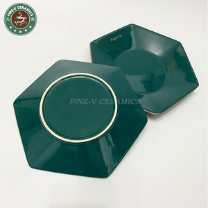Quantité personnalisée blanc vert octogone hexagone trovirens porcelaine plat assiettes en céramique avec bordure dorée pour Restaurant - Product Image 3