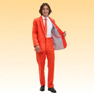 2 Stuks Heren Klassiek Oranje Trouwpak Blazer Effen Kleur Polyester Broek Volwassen Klassieke Pakken Voor Halloween
