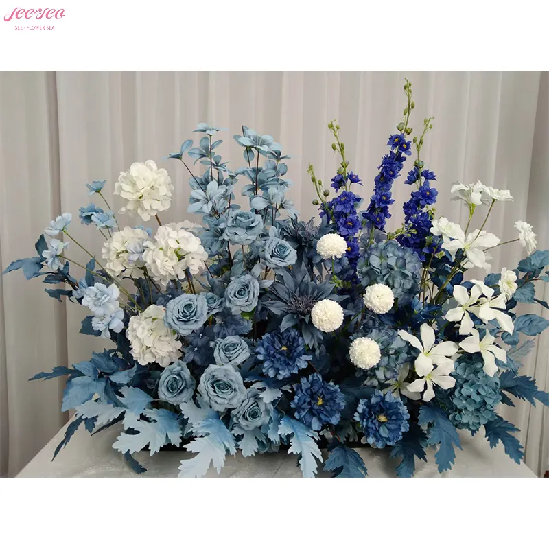 Wedding Stage Backdrop Decoration Blue Flowers Balls Artificial Colorful Rose Flower Row Wedding Party Event Table Centerpiece.