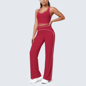 Durable <strong>Plus</strong> <strong>Size</strong> Nylon Yoga Sport Set High Waisted Wide Leg Trousers Crop Sports Bra Butt Shaping Seamless Recyclable Ruched - Product Image 2