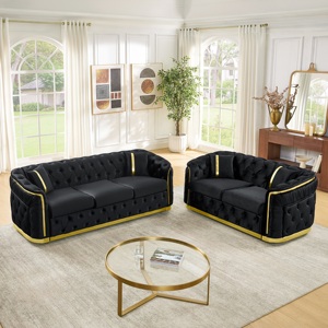 Juego de Sofás Chesterfield de Lujo de 2 Piezas en Terciopelo, Sofá de 3 Plazas de 84.6 Pulgadas, Sofá de Dos Plazas de 62.6 Pulgadas, Moderno, para Sala de Estar de Hotel, Acero Inoxidable Dorado 4 - Product Image 1