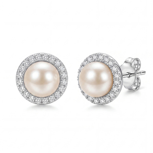 Boucles d'oreilles clous en cuivre plaqué rhodium, motif feuille, perle d'eau douce, zircon, bijoux botaniques pour femme, cadeau de mariage - Product Image 1