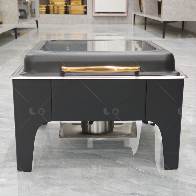 Luxury Black Stainless Steel Electric Chafing Dish Square Glass Lid Modern Style Buffet Food Warmer for Hotel Restaurant Use