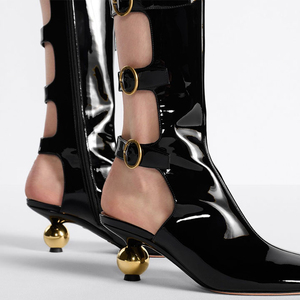 Summer Belt Buckles Women Knee High <b>Boots</b> Round Gold Ball Heels Patent Long Booties Square Toe Back Cut Out Sandals Shoes - Product Image 3