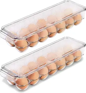 売れ筋家庭用14セルトレイコンテナプラスチックエッグカートン収納冷蔵庫オーガナイザーボックス蓋とハンドル付き鶏卵用