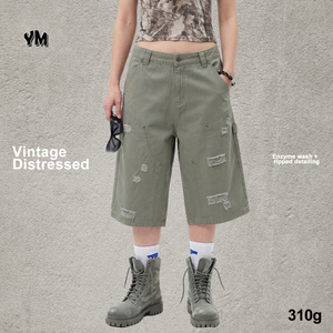 Cargo Capri Overalls for <strong>Men</strong> Vintage Washed Denim Ripped Distressed <strong>Three</strong> <strong>Quarter</strong> <strong>Pants</strong> Casual Streetwear Custom Wholesale - Product Image 1
