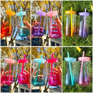 Verre en borosilicate transparent coloré effet ombré de 16 oz avec couvercles et pailles en PP colorés pour sublimation vinyle – Entrepôt US - Product Image 5