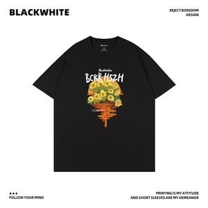 Camiseta de manga corta con estampado de girasoles y letras, estilo holgado, unisex, de algodón, verano 2026, Q46 - Product Image 3