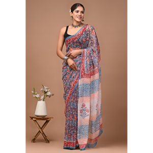 Sari de chifón doble diamante con estampado a mano, tejido de chifón doble diamante puro y ligero. |   Elegante |   Cómodo - Product Image 4