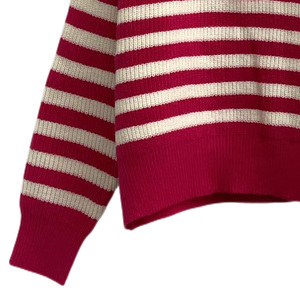 Pull court à col roulé mi-zippé rose vif et rayures blanches pour femme, élégant, basique, imprimé rayé, en maille, marque privée - Product Image 2