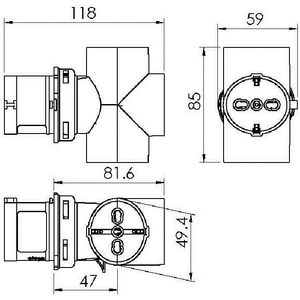 Adaptador Industrial Rosi 2P+T 16A, Enchufe con 3 Tomas Schuko 10/16A 230V, Plástico, Conexión a Tierra Estándar - Product Image 3