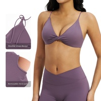 Soutien-gorge de sport personnalisé avec logo, décolleté en V torsadé, double bretelle, dos ouvert, rembourré, pour yoga et fitness, vente en gros