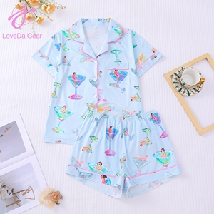 Loveda all'ingrosso donna san valentino vestiti per la casa stampati personalizzati Loungewear <span class=keywords><strong>camicia</strong></span> <span class=keywords><strong>a</strong></span> maniche corte Shorts <span class=keywords><strong>pigiama</strong></span> con tasca - Product Image 3