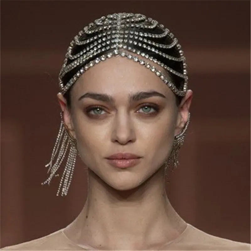 Handmade Rhinestone Multi-layer Tassel Head Chain Cap Bridal Hair Jewelry for Women Bling Crystal Hat Hair Chain (KC080)