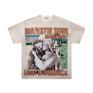 USA Streetwear Washed Cotton All Over Print T Shirt Distressed Frayed Raw Hem <b>Rhinestone</b> Graphic Loose Fit Short Sleeve <b>Top</b> - Product Image 1