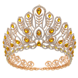 Couronne de concours de beauté de luxe plaquée or avec plumes de paon et cristaux, diadème multicolore en strass pour mariage et coiffe de mariée - Product Image 5
