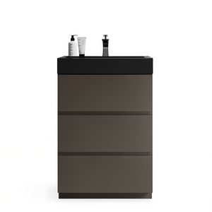 Meuble de salle de bain moderne autoportant gris de 24 pouces avec vasque noire, grand rangement et robinet pré-assemblé - Product Image 1