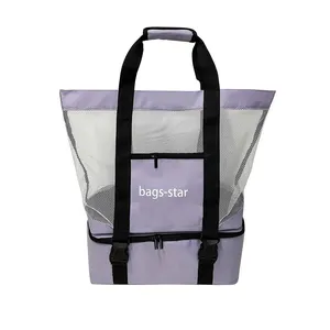 2023 Hot Sale Purple Double Layer Big Size Premium Quality Cooler Bags Detachable Mesh Beach Bags with Front Pocket