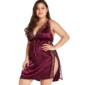 Summer Fun Pajamas Plus-size Lace Splicing V-neck Satin Home Dress Sexy Silk Nightdress With Halter