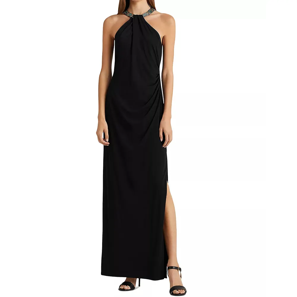 High round neck with geometric bead embellishment neckline Sleeveless cut-in shoulders Dress