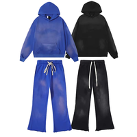 Ensemble de survêtement unisexe pour homme en coton 100% avec sweat à capuche zippé et pantalon évasé, imprimé effet vieilli, broderie de strass, effet délavé à l'acide