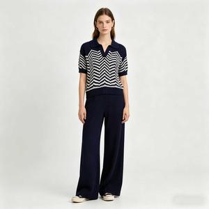 <strong>Women</strong> <strong>Navy</strong> White Pattern Type: Striped Knit <strong>Top</strong> Short Sleeve Collar: V-neck Hollow Out Casual Sweater - Product Image 5