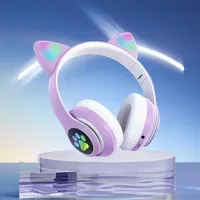 Headphone Nirkabel Anak Motif Kucing Lucu dengan Telinga RGB, Mikrofon, Pengisian Daya Type-C, Stereo, Earphone Musik untuk Anak-Anak, Hadiah untuk Anak